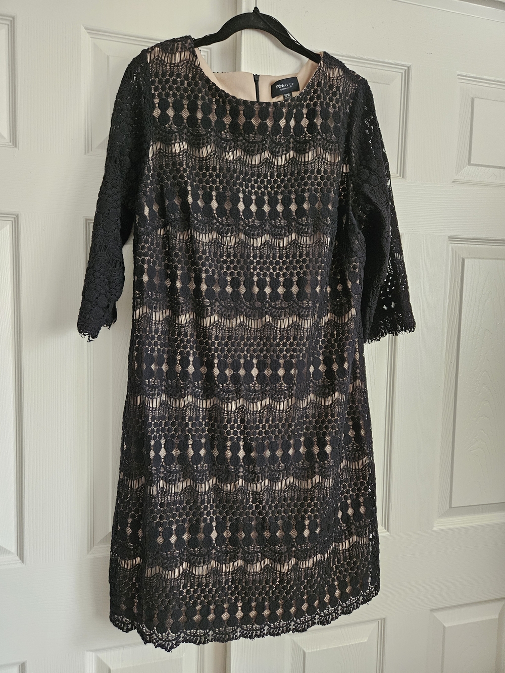 Ronni Nicole Black Crochet Lace Midi Dress with Nude Lining Wedding Guest